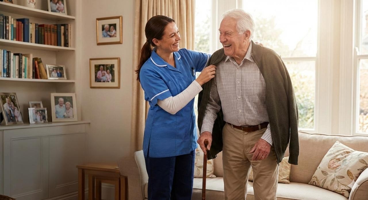 Pflegerin hilft Senior mit Gehstock